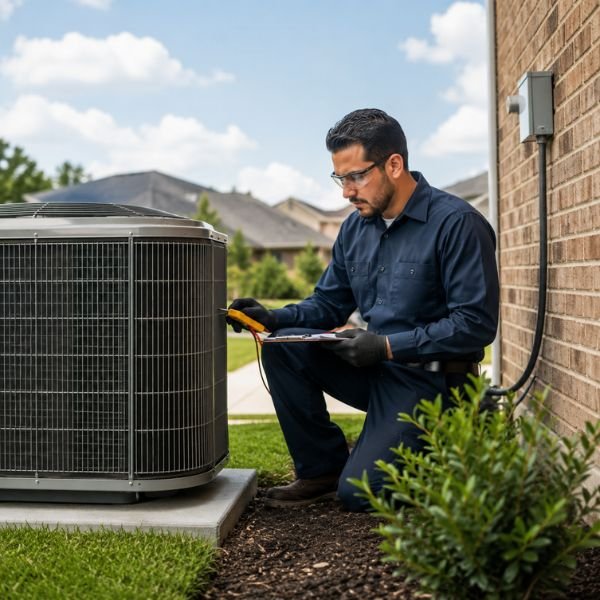 Professional HVAC technician from Glacial Air Systems inspecting an outdoor air conditioning condenser unit in Houston