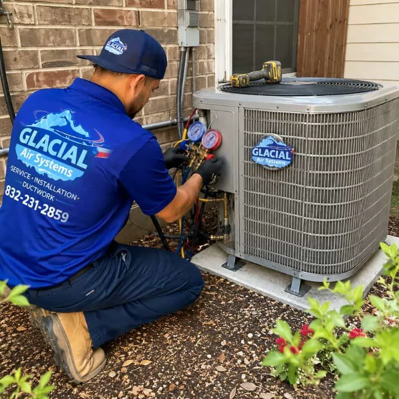 Glacial Air System technician performing emergency AC repair service in Houston TX 77080